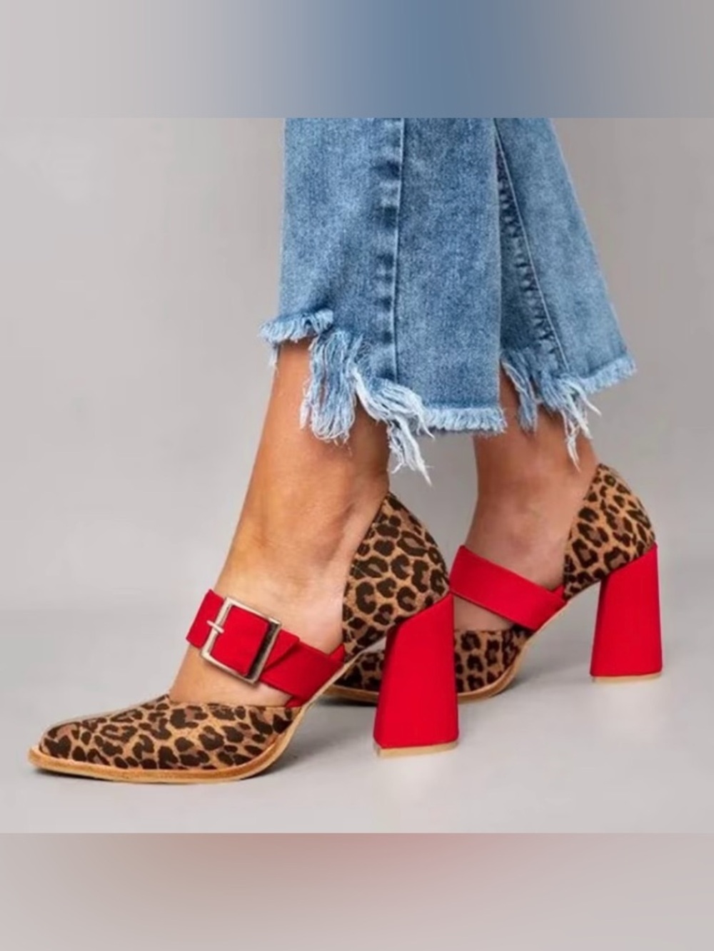 Leopard Print Block Heel Pumps with Red Strap and Silver Buckle